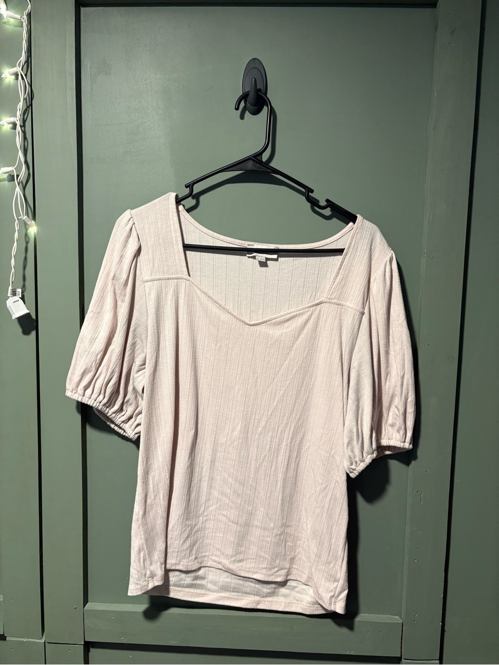 LOFT Blush Ribbed Square-Neck Puff Sleeve Top
